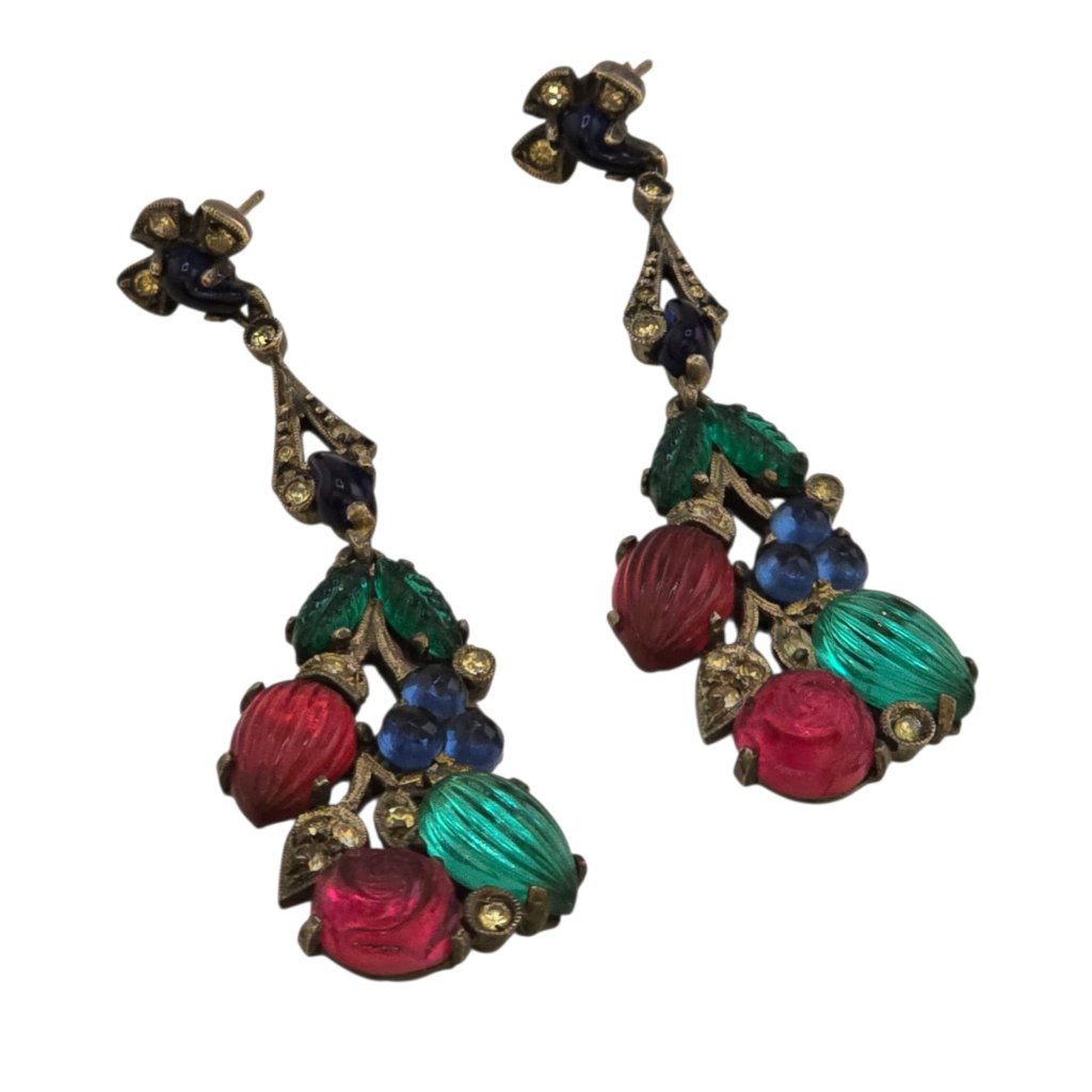 Vintage Rare 935 Sterling Silver Glass Fruit Salad Dangle Earrings (A9010)